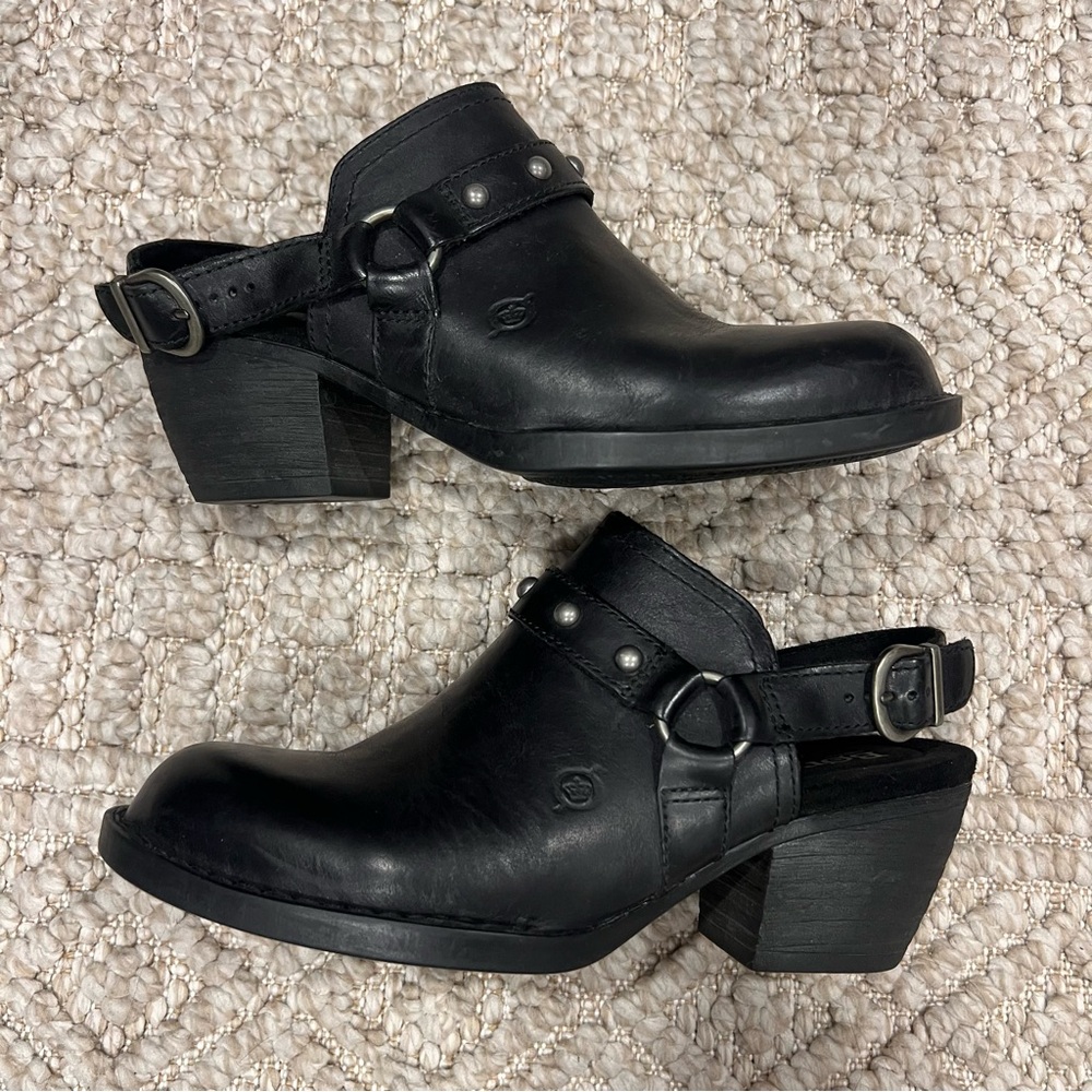 Born Bagley Slingback Mule Clogs Black Leather Size 7 Block Heel